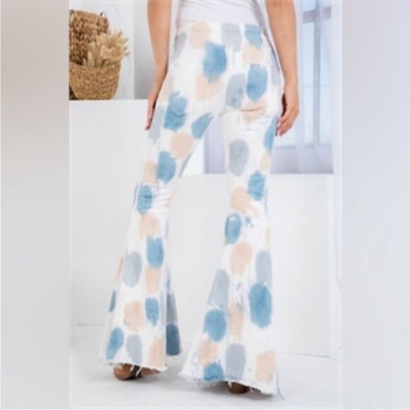 Peach Love Tie Dye Blue Tan Boho Bell Bottom 70’s Inspired Style Jeans Feminine - Picture 4 of 14